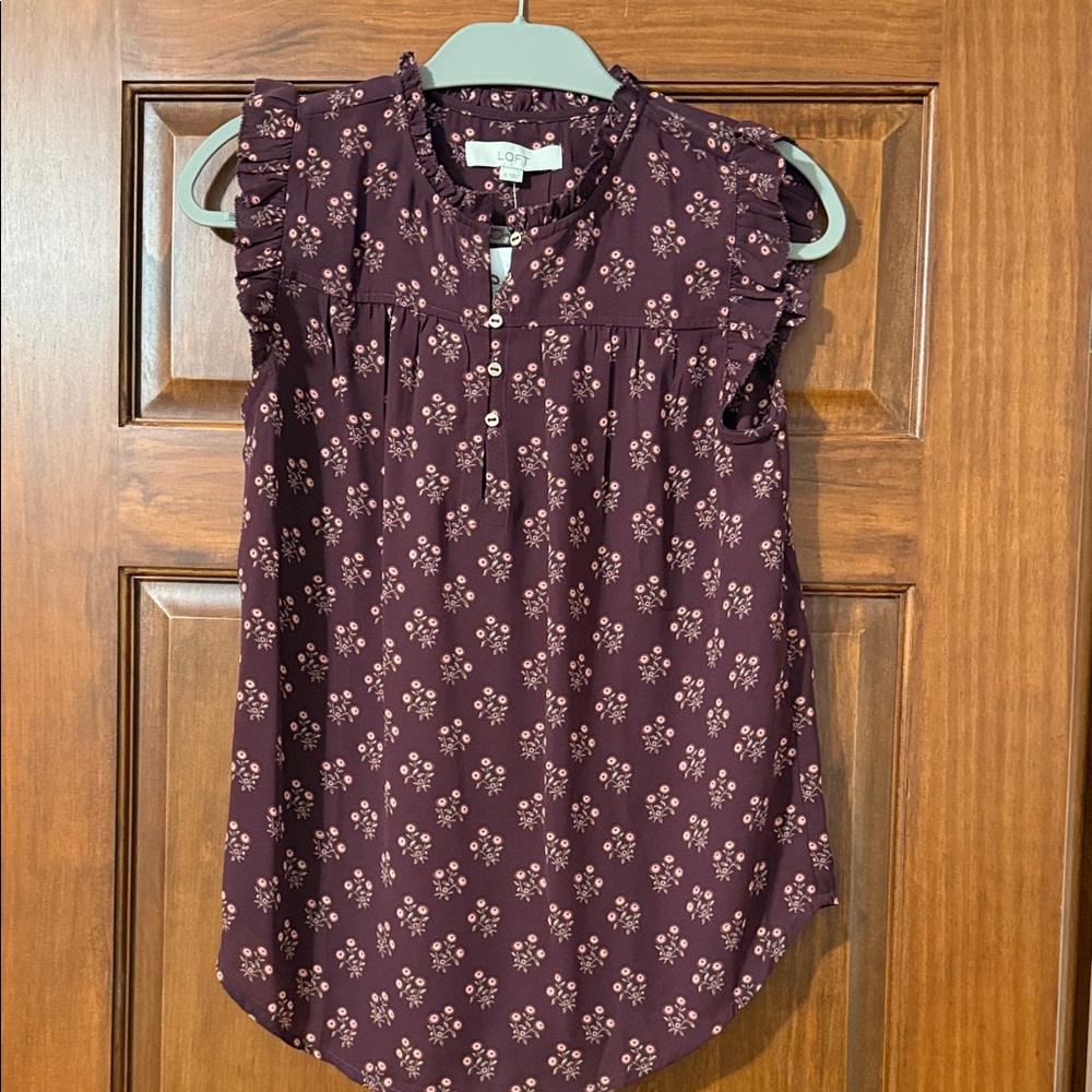LOFT Purple Floral Ruffle Blouse